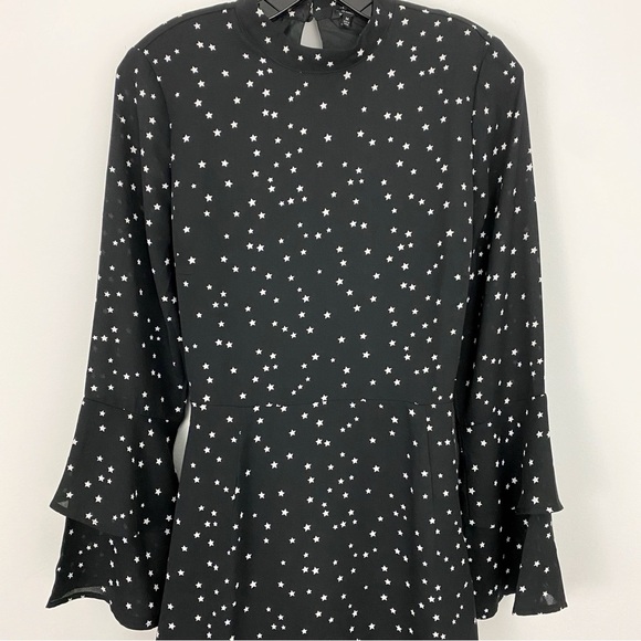 Lucky Brand size M Black with White Star Print Long Bell Sleeve Mini Dress - Picture 5 of 8